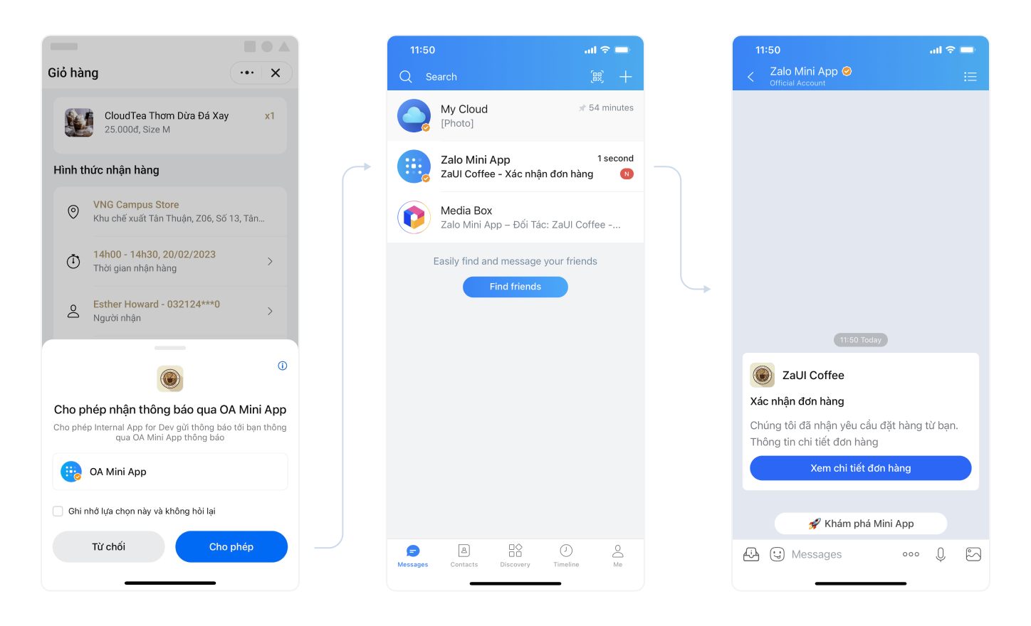 Demo thông báo yêu cầu cho phép nhận thông báo qua OA Mini App